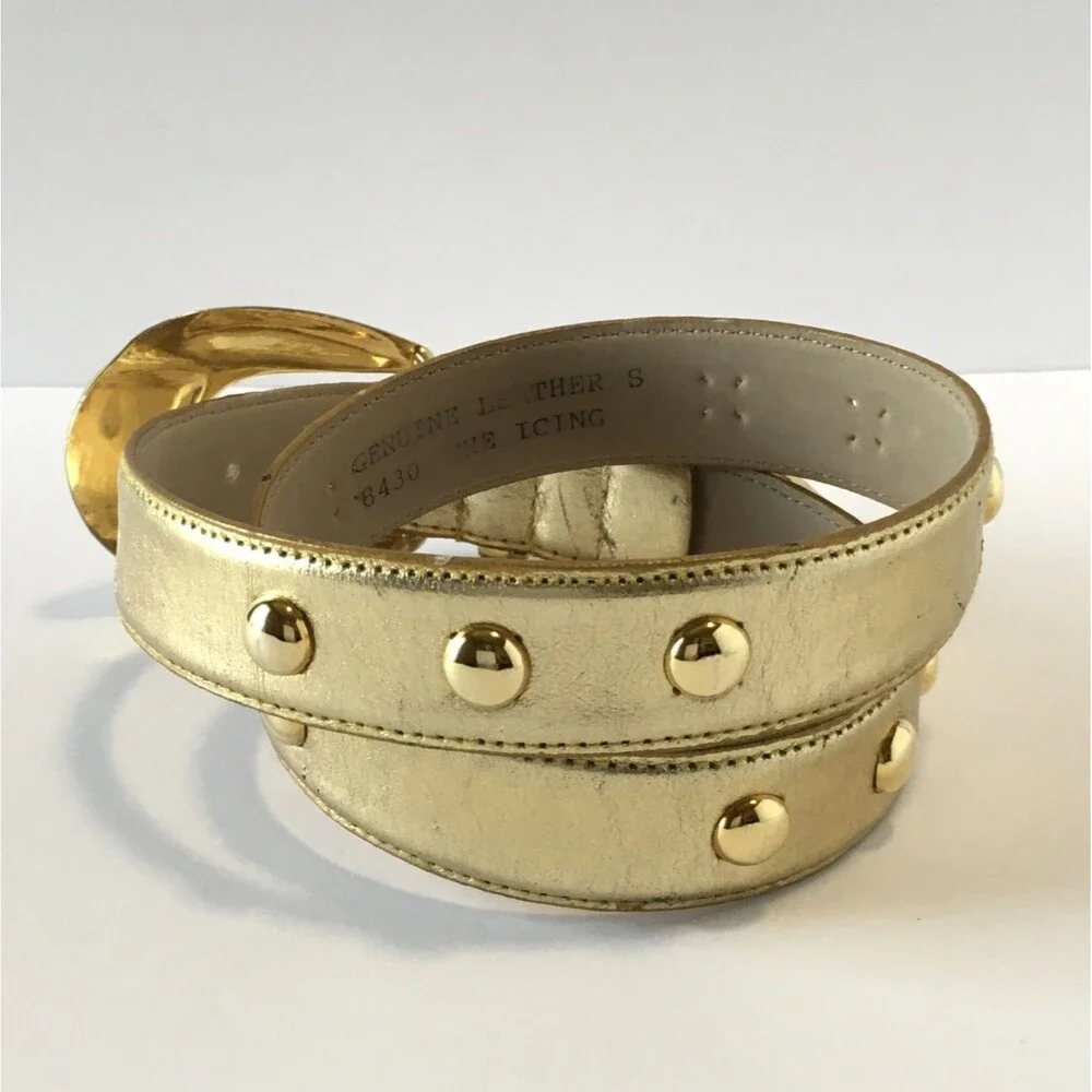 Vintage Genuine Leather Womens Belt Gold Tone & Buckle Studs marked Size S